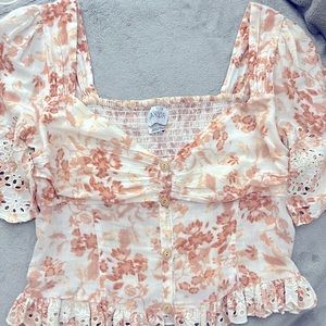 Saylor Top, Orange/peach colored floral print, size M